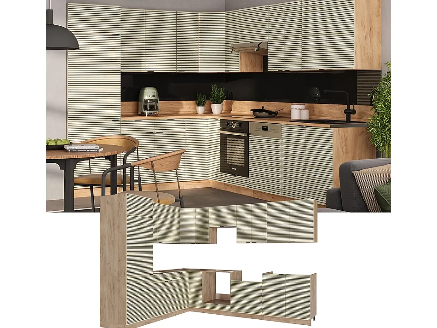Cocina esquinera panel de roble/roble goldkraft 287x46x81.6 fame-line