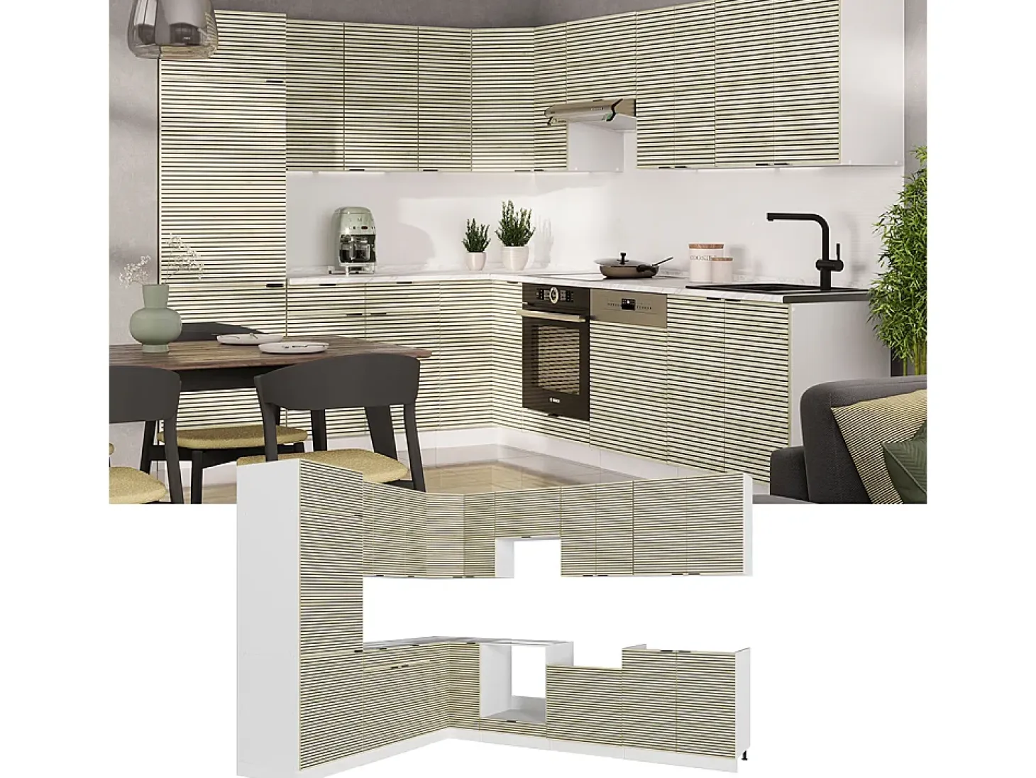 Cocina esquinera panel roble/blanco 287x46x81.6 fame-line