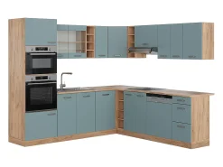Cocina esquinera roble azul-gris-dorado 247x46x81.6 r-line