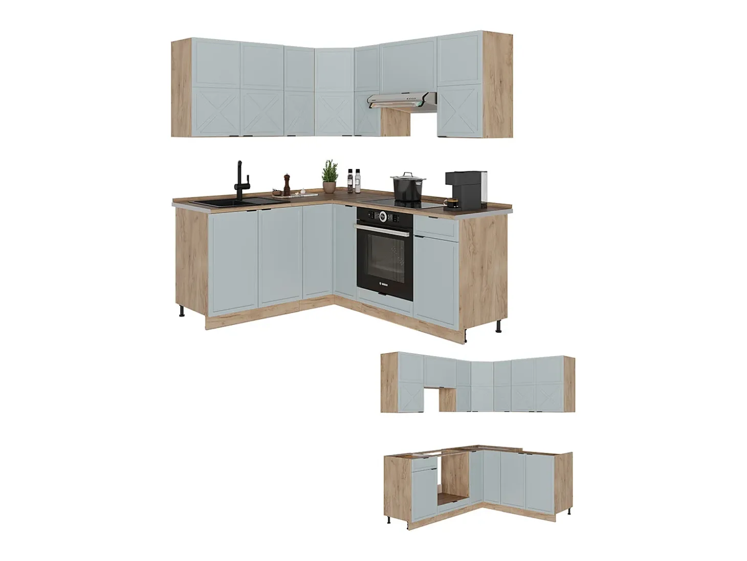 Cocina esquinera roble azul claro/gris dorado 190x46x81.6 fame-line