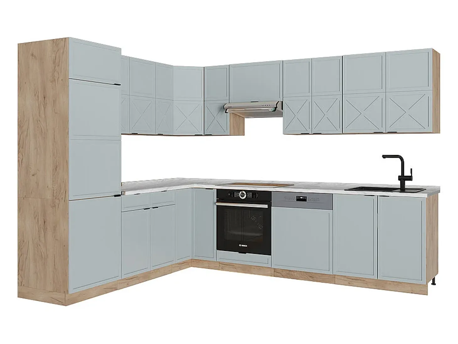 Cocina esquinera roble azul claro/gris dorado 227x60x81.6 fame-line