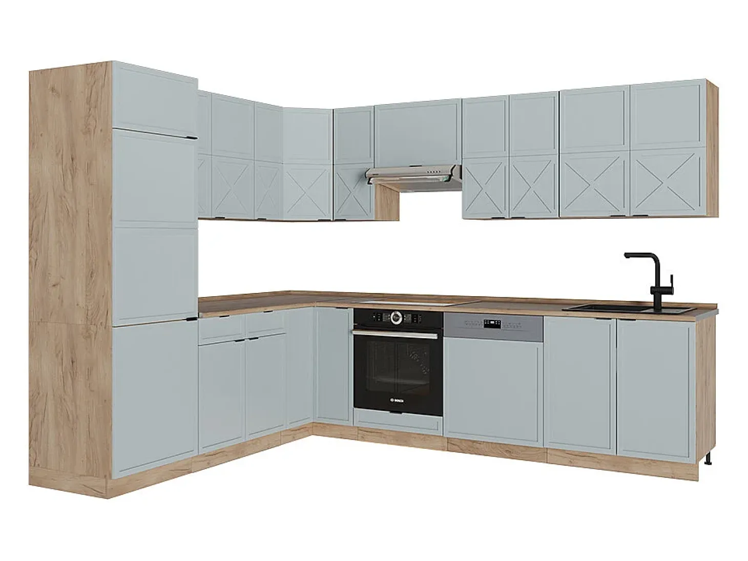 Cocina esquinera roble azul claro/gris dorado 227x60x81.6 fame-line