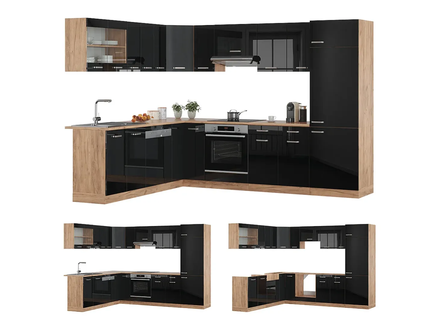 Cocina esquinera roble negro/dorado de alto brillo 287x46x81.6 r-line