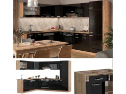 Cocina esquinera roble negro/dorado de alto brillo 287x60x81.6 r-line