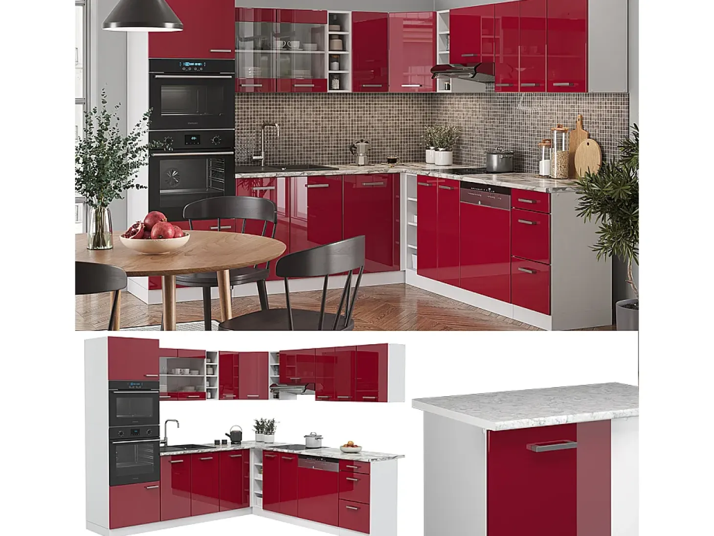 Cocina esquinera rojo brillo intenso/blanco 247x60x81.6 r-line