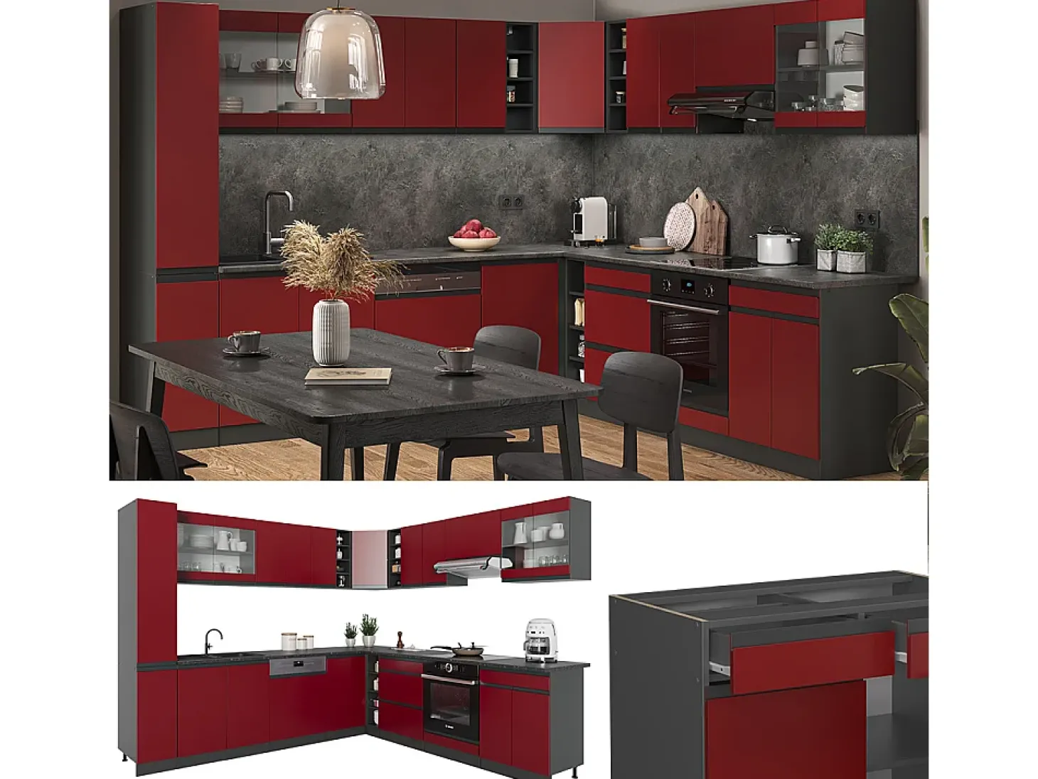 Cocina esquinera rojo/antracita 277x60x81.6 r-line