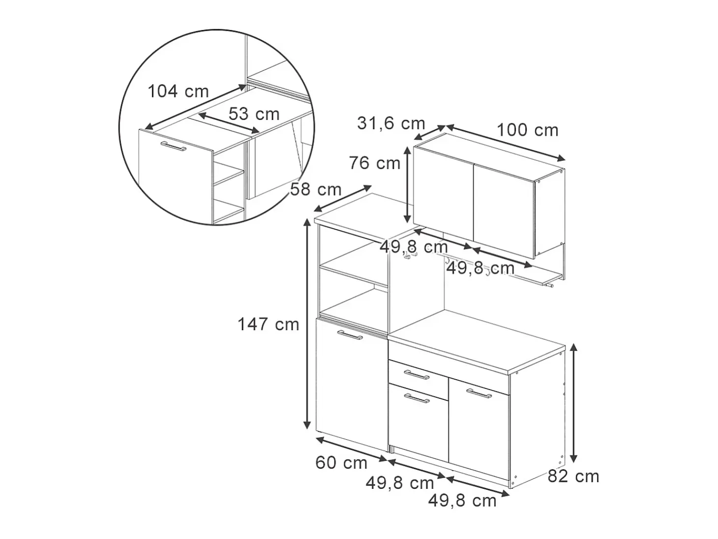 Cocina individual antracita 160x60x81.6 egbert