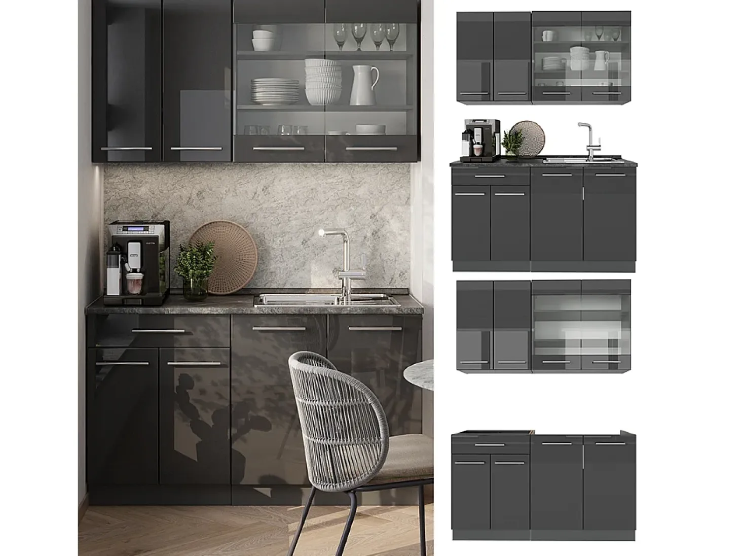 Cocina para solteros antracita alto brillo 140x46x81.6 fame-line