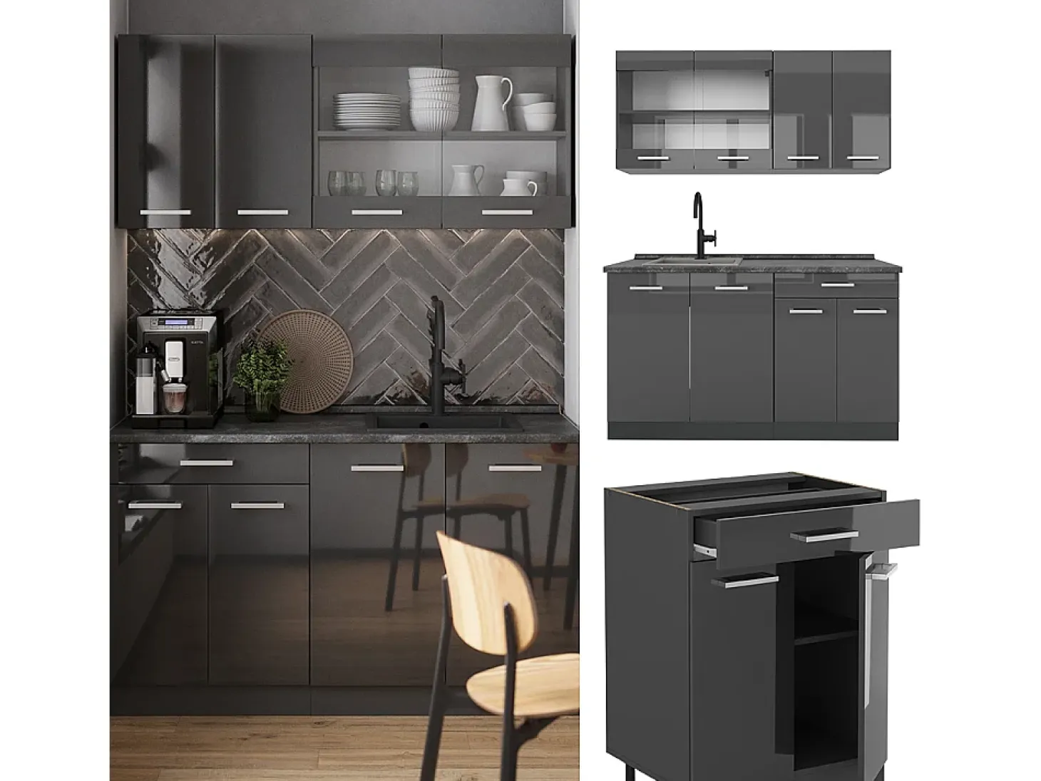 Cocina para solteros antracita brillo intenso/antracita 140x46x81.6 r-line