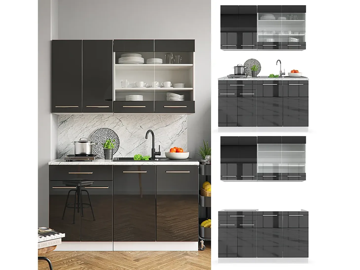 Cocina para solteros antracita alto brillo 140x46x81.6 fame-line