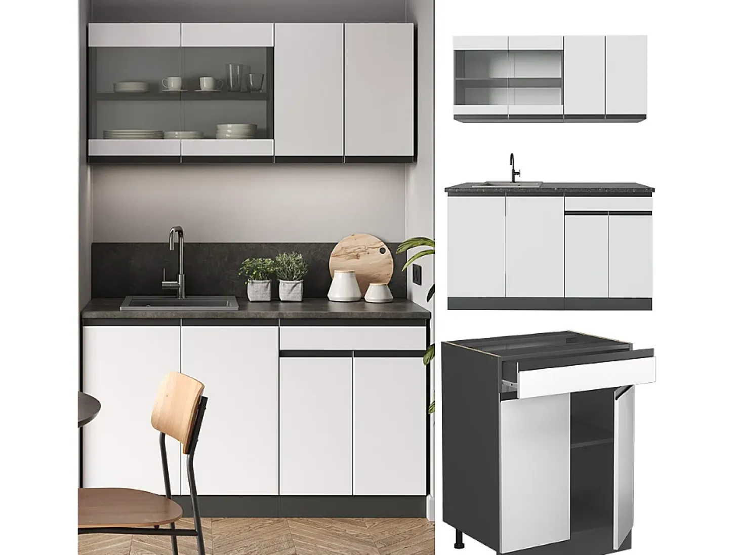 Cocina para solteros blanco/antracita 140x46x81.6 r-line