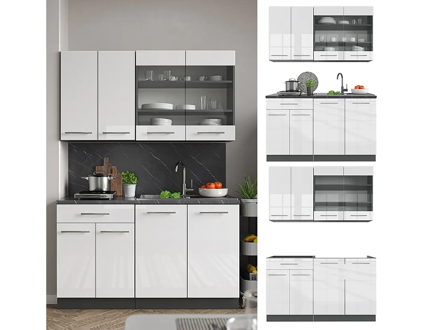 Cocina para solteros blanco brillo/antracita 140x60x81.6 fame-line