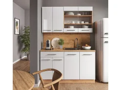Cocina para solteros blanco brillo intenso/roble dorado 140x60x81.6 fame-line