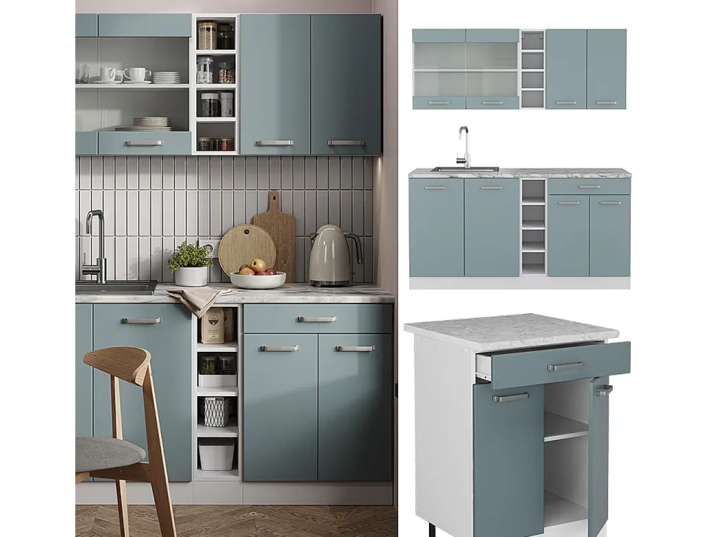 Cocina para solteros gris azulado 160x60x81.6 r-line