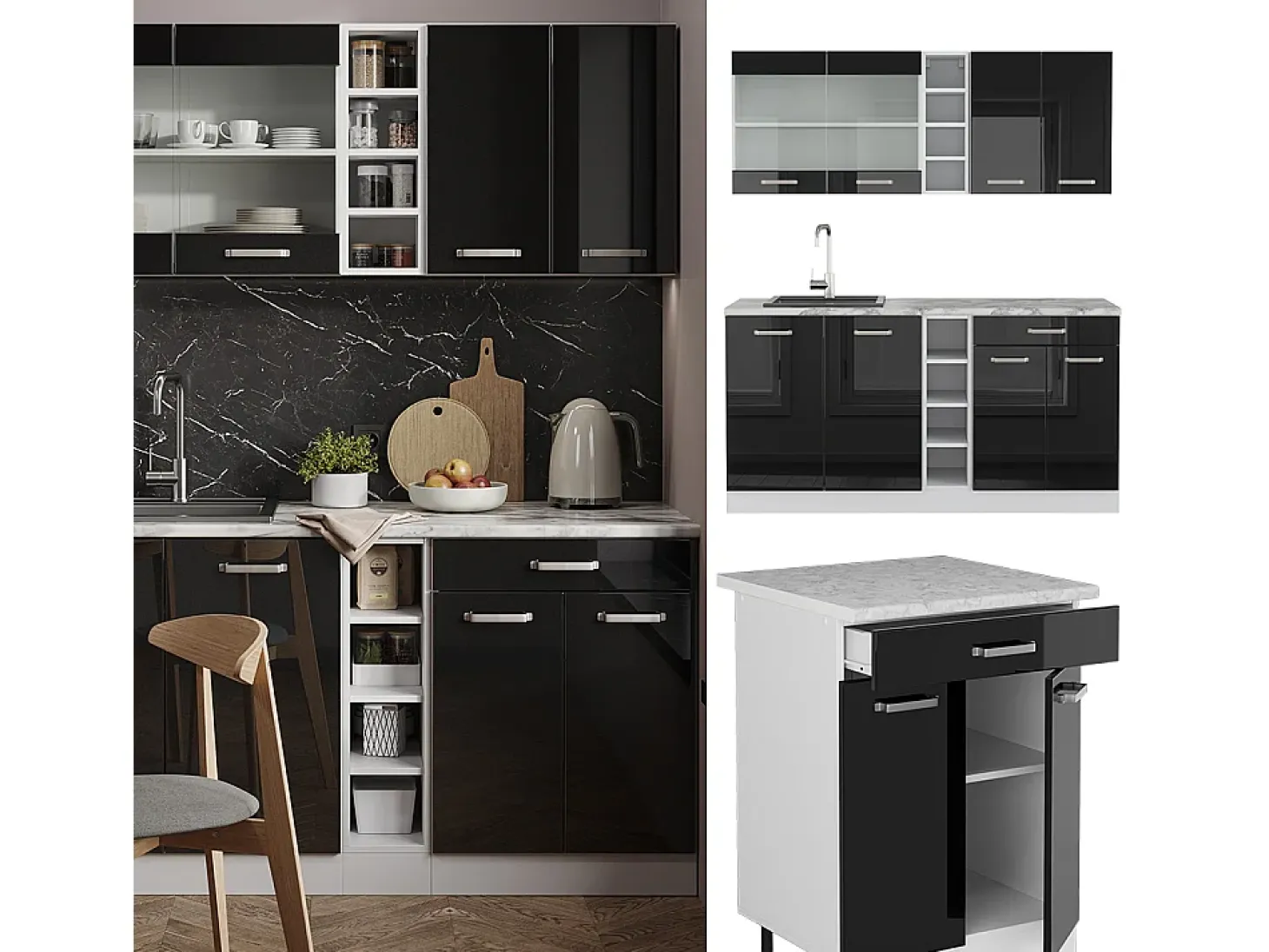Cocina para solteros negro brillo/blanco 160x46x81.6 r-line