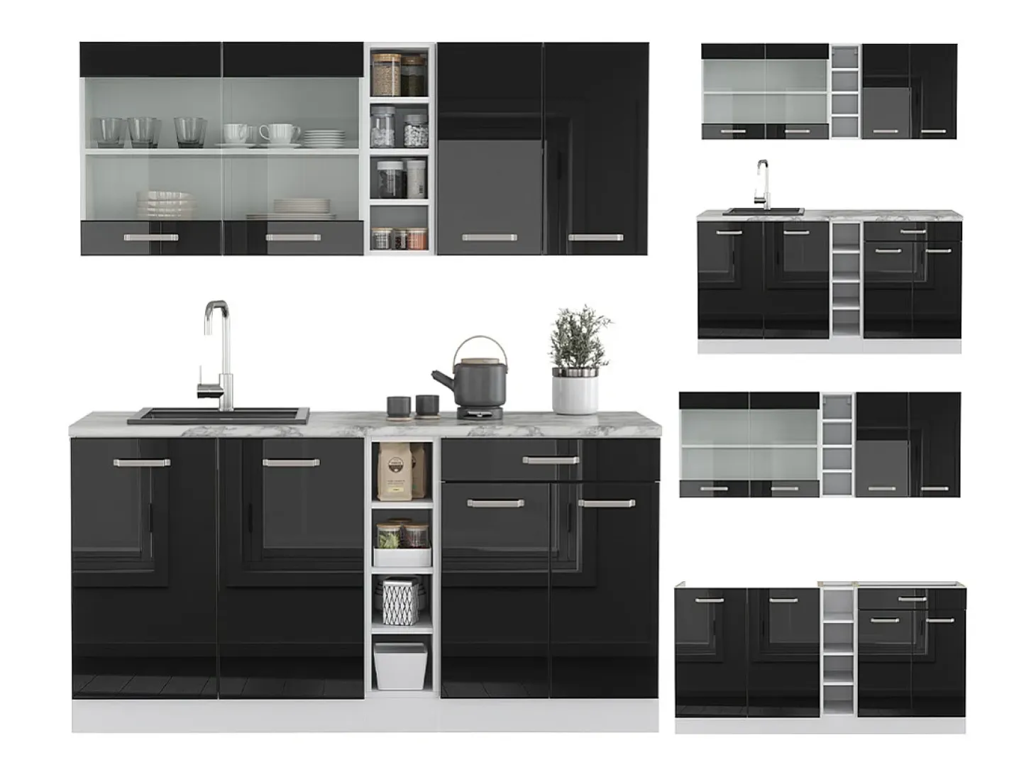 Cocina para solteros negro brillo/blanco 160x46x81.6 r-line