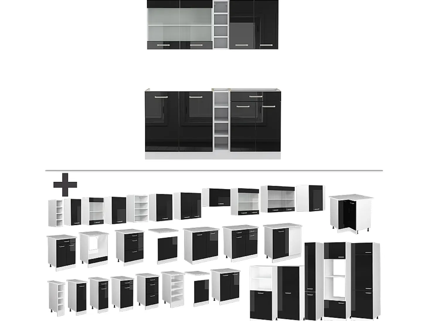Cocina para solteros negro brillo/blanco 160x46x81.6 r-line
