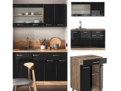 Cocina para solteros roble negro/dorado de alto brillo 140x46x81.6 r-line
