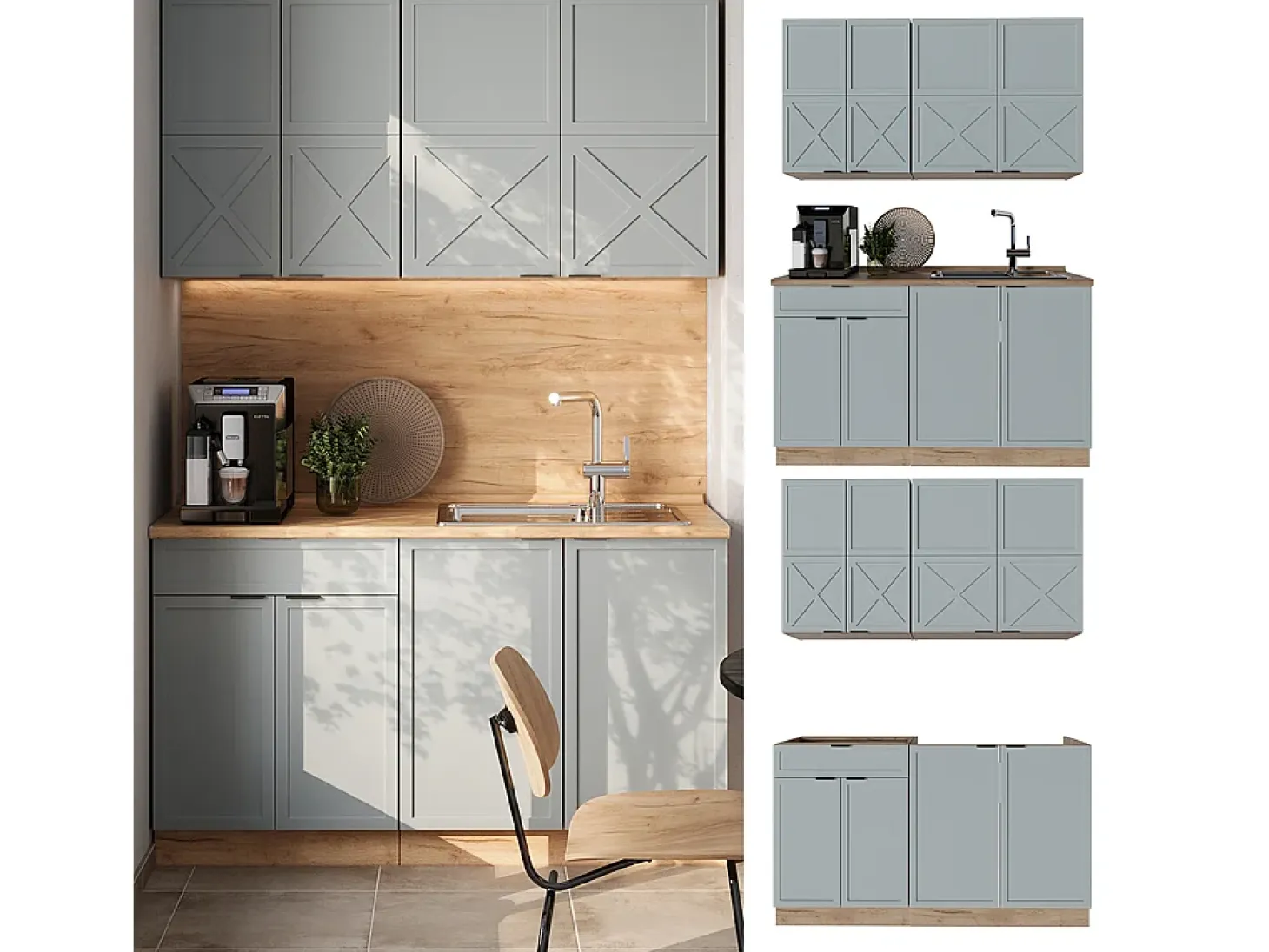 Cocina para solteros roble azul claro/gris dorado 140x60x81.6 fame-line