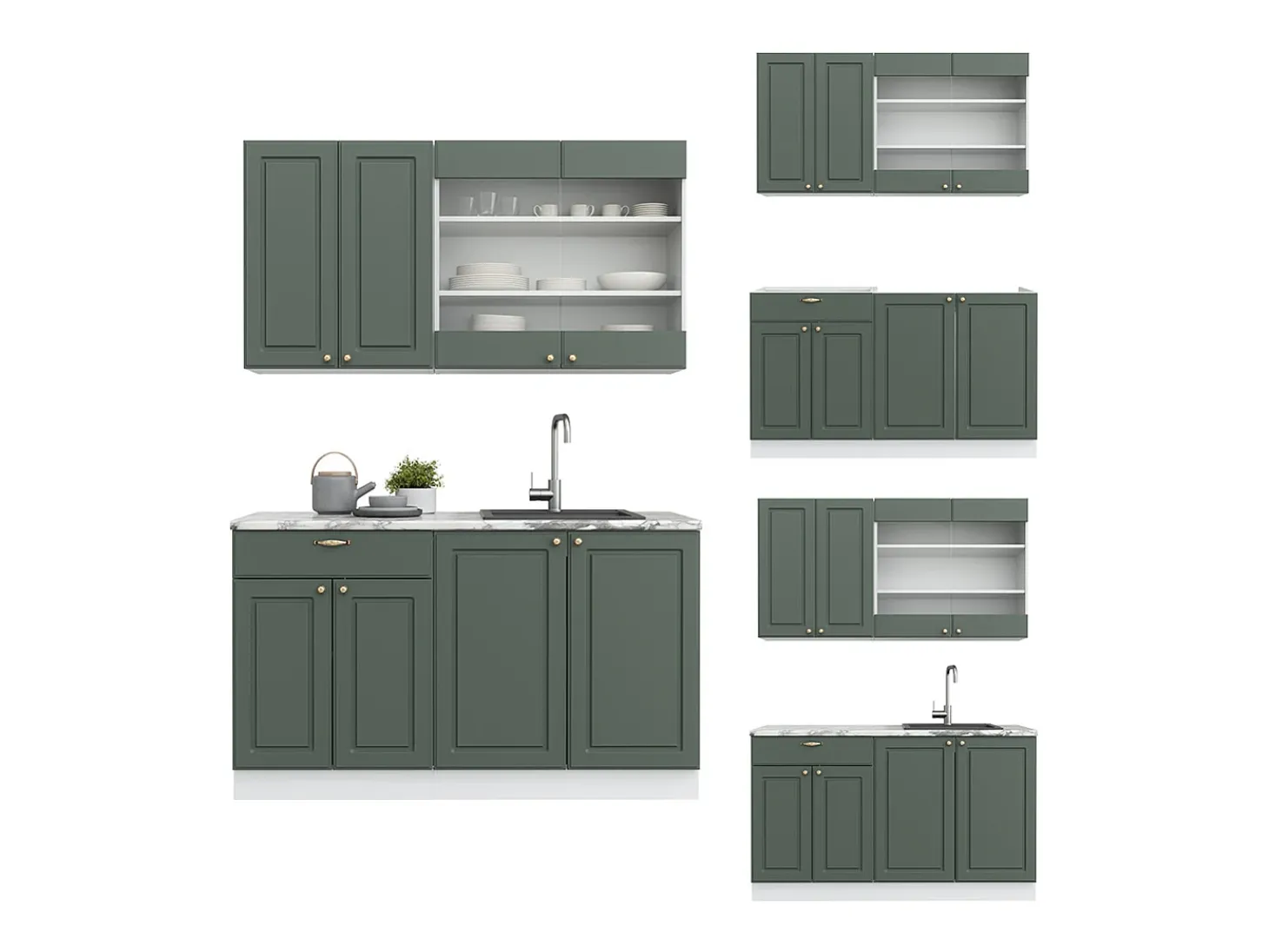 Cocina para solteros verde-dorado casa de campo/blanco 140x46x81.6 fame-line