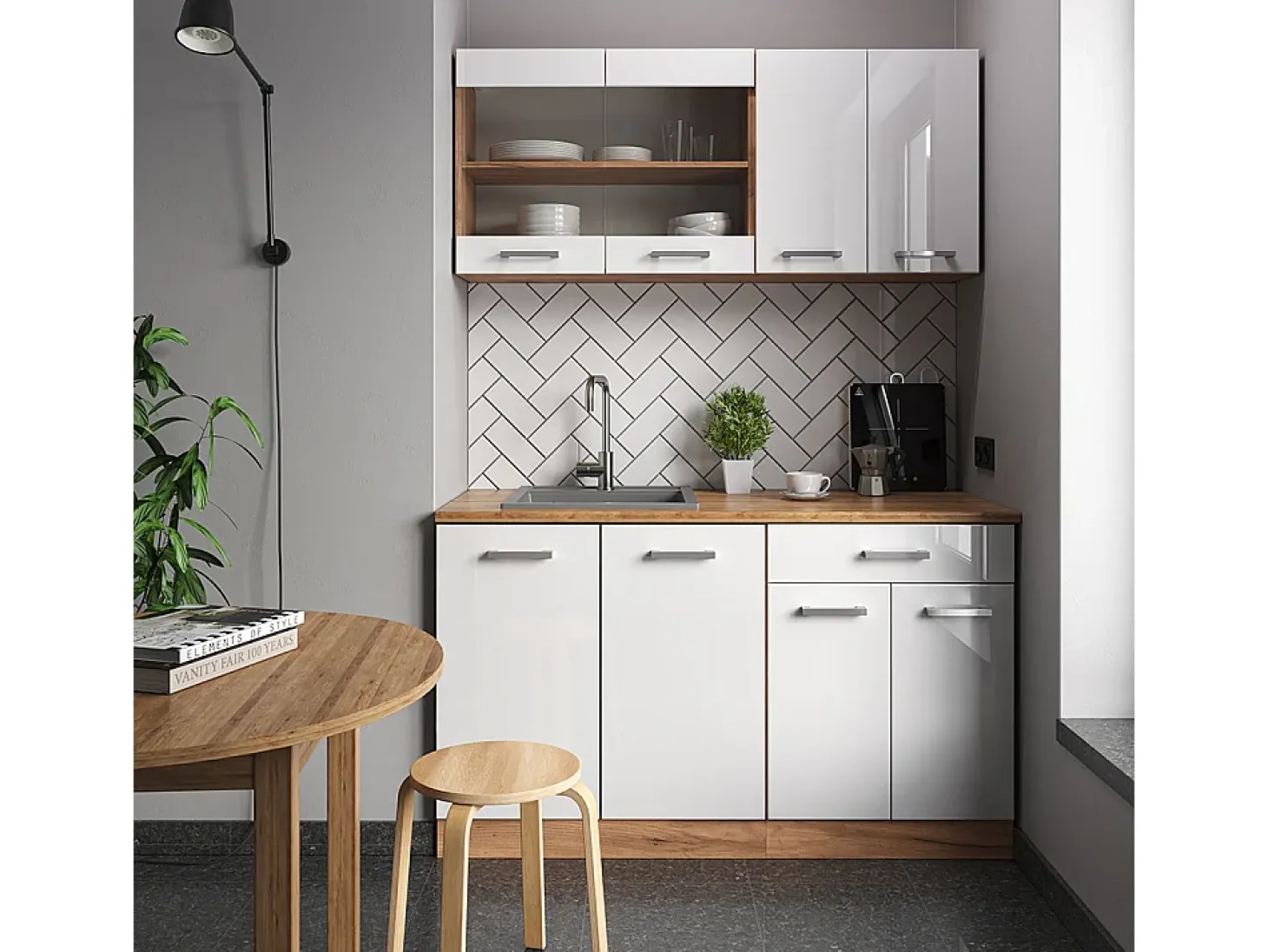 Cocina versátil blanco brillo intenso/roble dorado 140x60x81.6 r-line