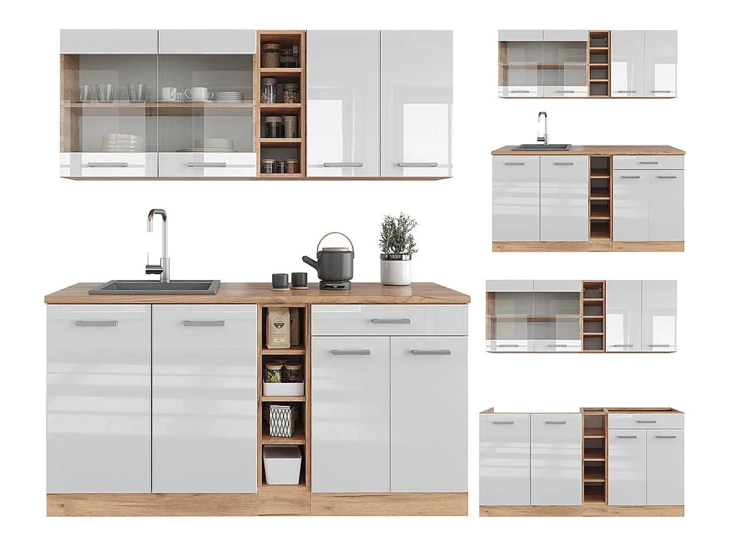 Cocina versátil blanco brillo intenso/roble dorado 160x60x81.6 r-line