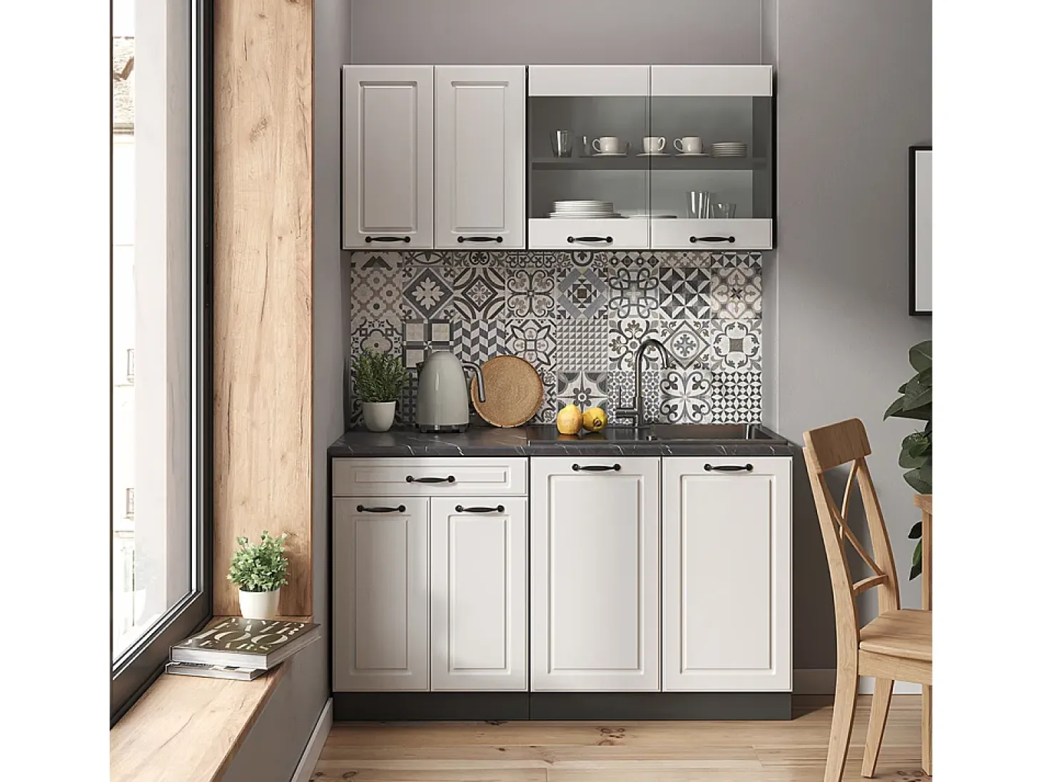 Cocina versátil casa de campo blanca/antracita 140x60x81.6 r-line