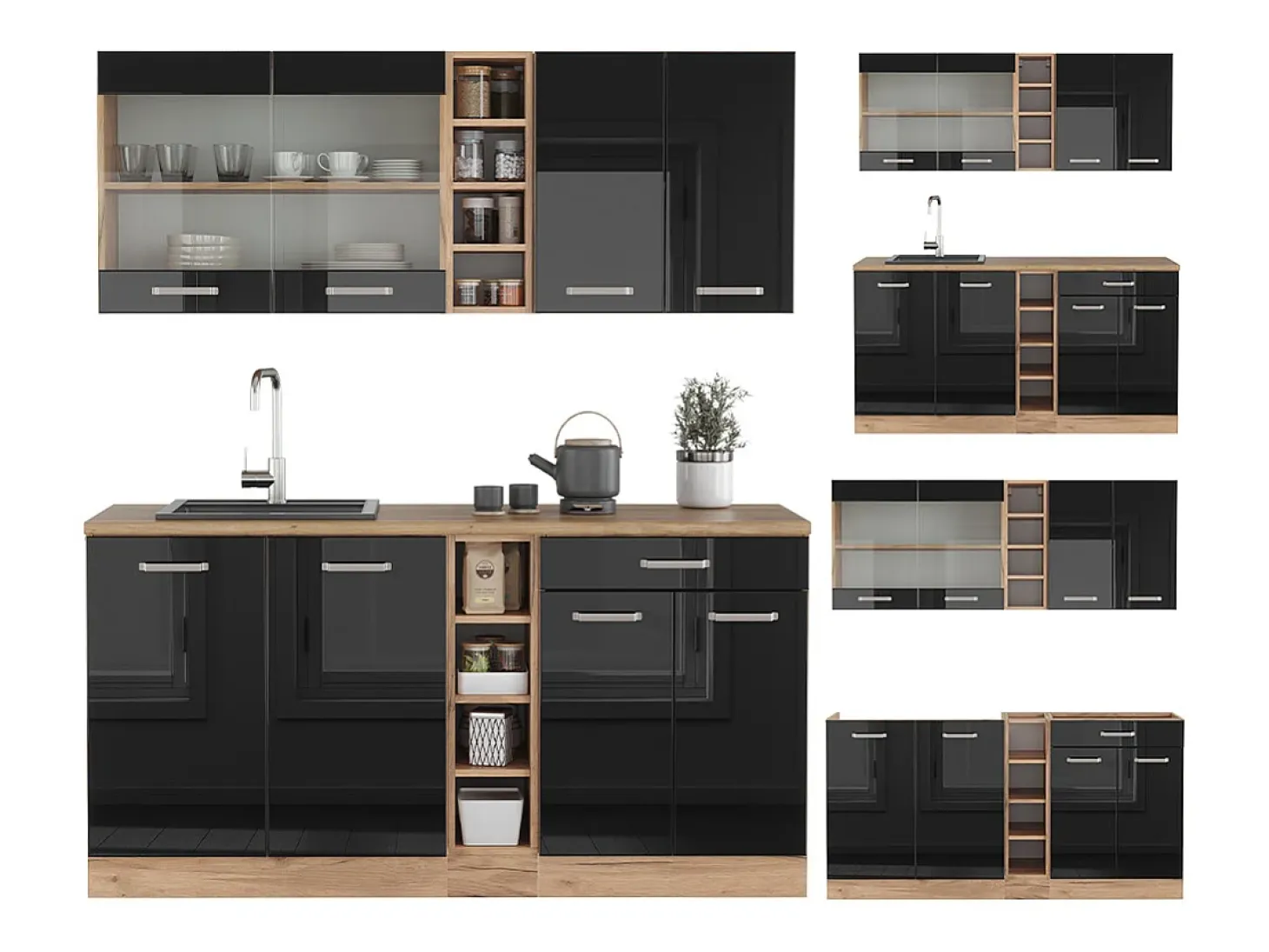 Cocina versátil roble negro/dorado de alto brillo 160x60x81.6 r-line