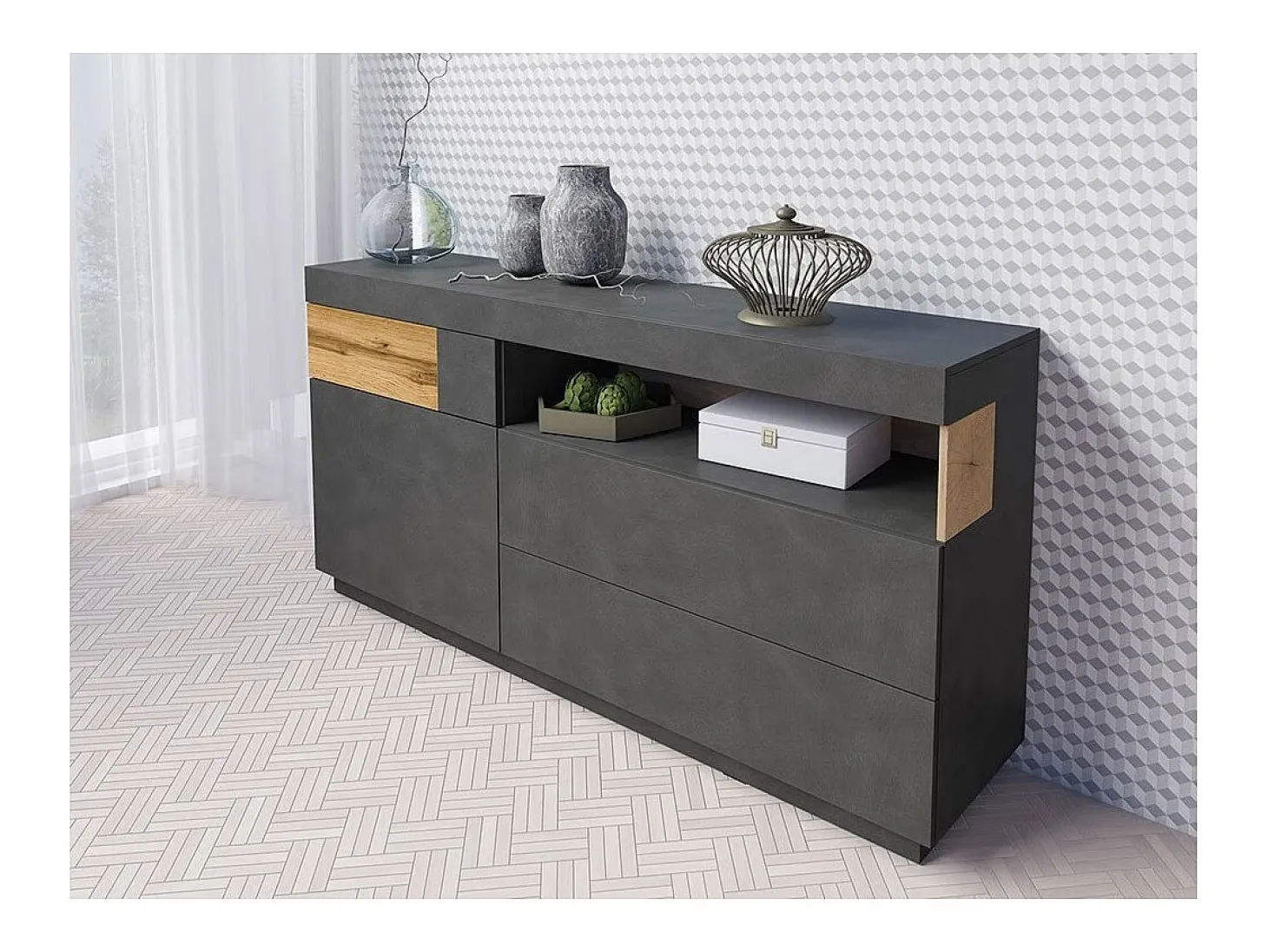 Colección de buffet KILES 170cm, LED integrado. Color gris antracita y roble. Estilo de diseño.