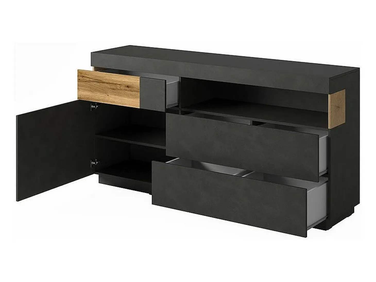 Colección de buffet KILES 170cm, LED integrado. Color gris antracita y roble. Estilo de diseño.