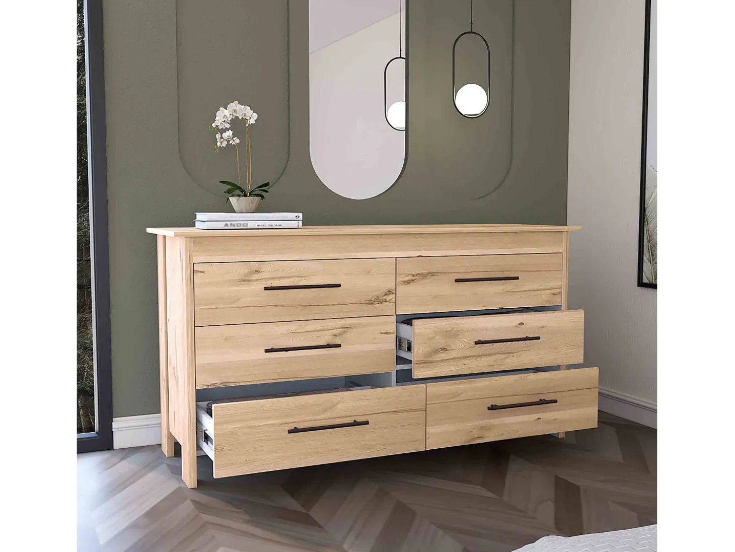 Comoda doble Hms en melamina con 6 cajones de rieles metalicos , beige , 80.6 cm X 140.5 cm X 48.3 cm