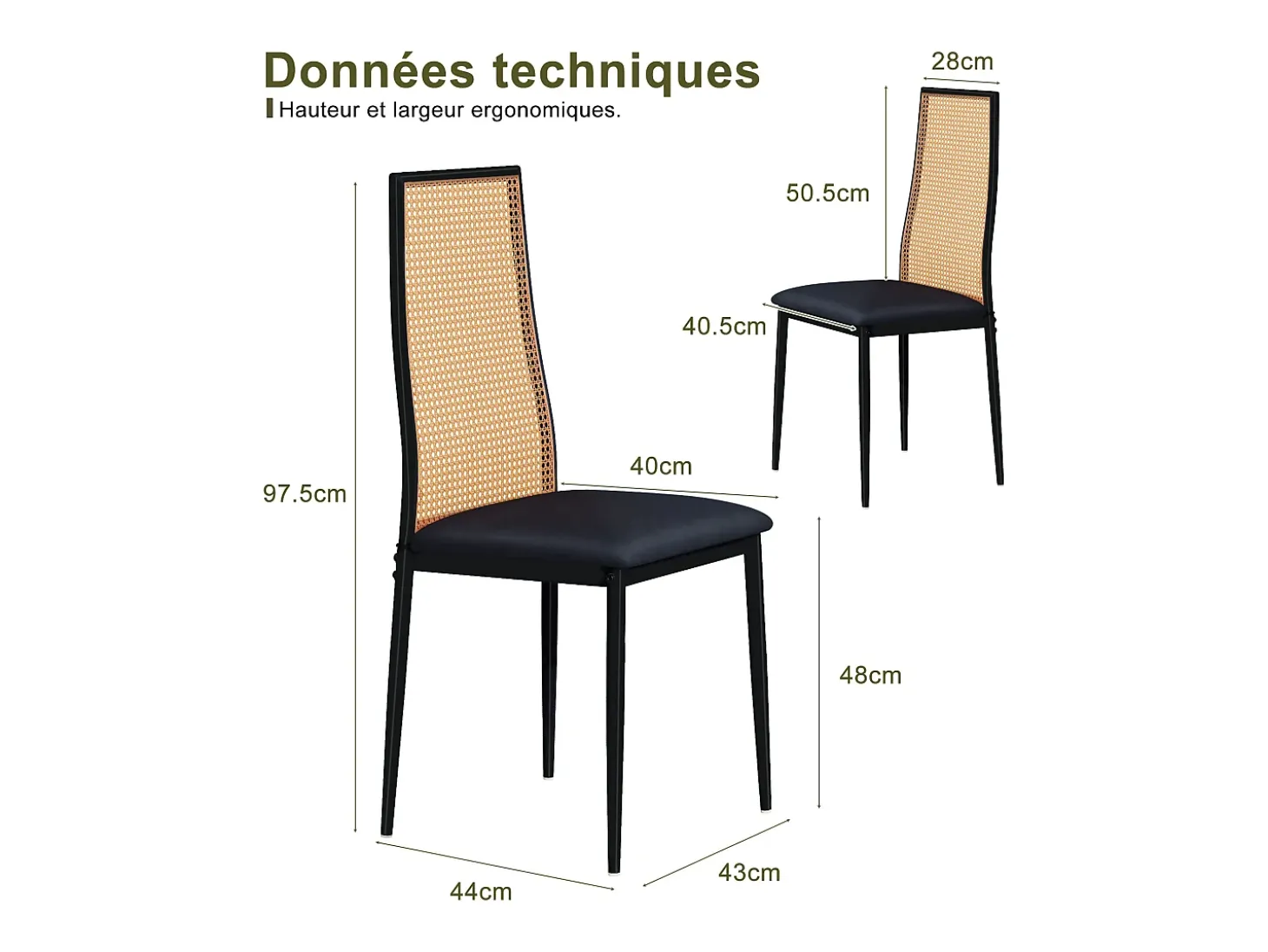 Conjunto de 2 piezas, silla de ratán, silla de comedor con respaldo alto, efecto ratán PE, color negro