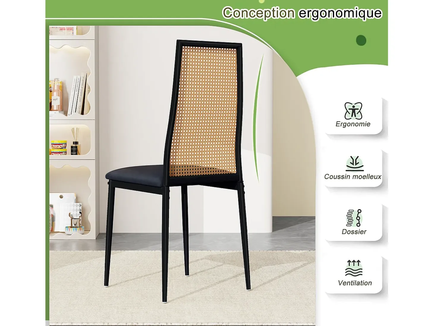 Conjunto de 2 piezas, silla de ratán, silla de comedor con respaldo alto, efecto ratán PE, color negro