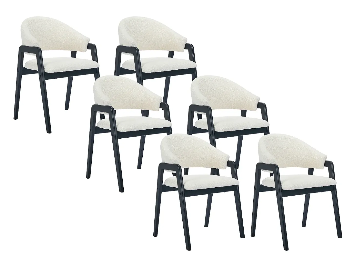 Conjunto de 6 sillas con reposabrazos en tejido bouclé y madera de caucho - Blanco y negro - SOLUNA