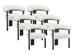 Conjunto de 6 sillas con reposabrazos en tela bouclé y madera de hevea - Blanco y negro - LIVELIA