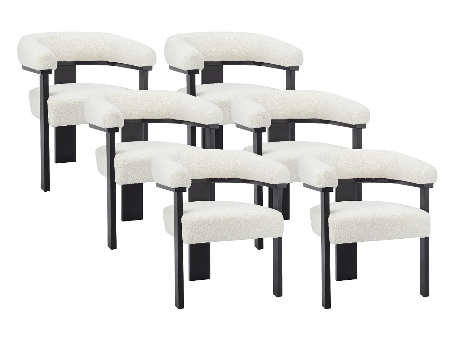 Conjunto de 6 sillas con reposabrazos en tela bouclé y madera de hevea - Blanco y negro - LIVELIA
