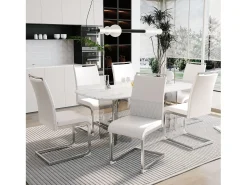 Conjunto de 6 sillas con respaldo de piel sintética y lino - Patas de metal - Blanco