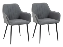 Conjunto de 2 sillas con reposabrazos en lino gris, patas de metal negro.