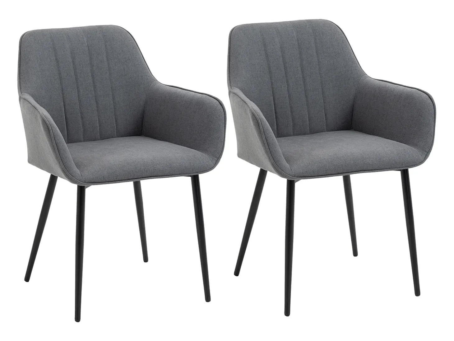 Conjunto de 2 sillas con reposabrazos en lino gris, patas de metal negro.