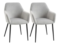 Conjunto de 2 sillas con reposabrazos en terciopelo gris claro, patas de metal negro.