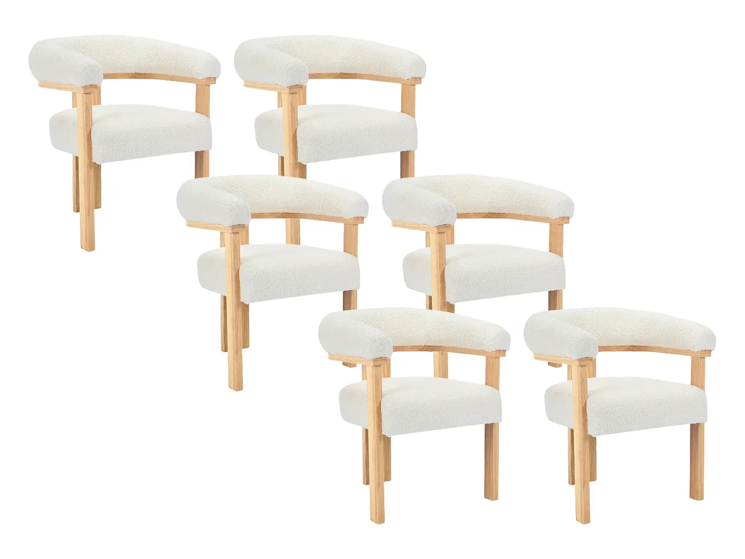 Conjunto de 6 sillas con reposabrazos en tela bouclé y hevea - Blanco y natural - LIVELIA