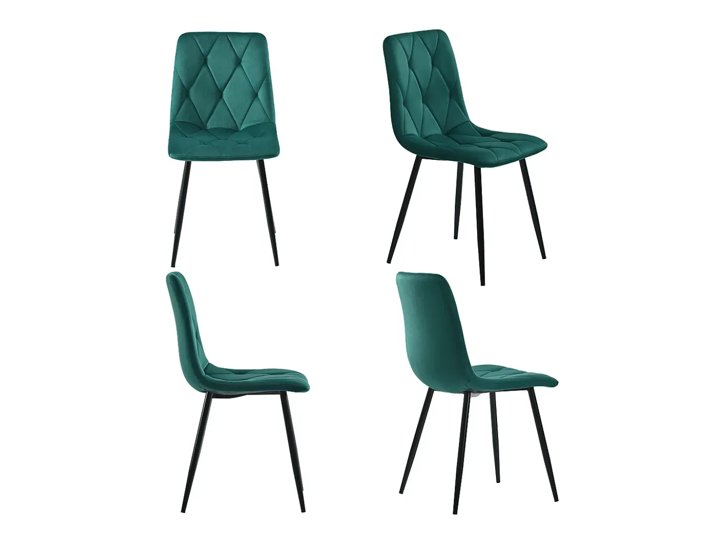 Conjunto de 4 sillas de comedor en terciopelo verde oscuro con respaldo acolchado y patas de metal negro