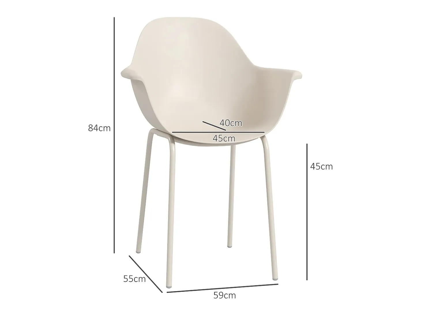 Conjunto de 4 sillas de jardín de plástico con estructura de metal, color beige.