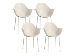 Conjunto de 4 sillas de jardín de plástico con estructura de metal, color beige.