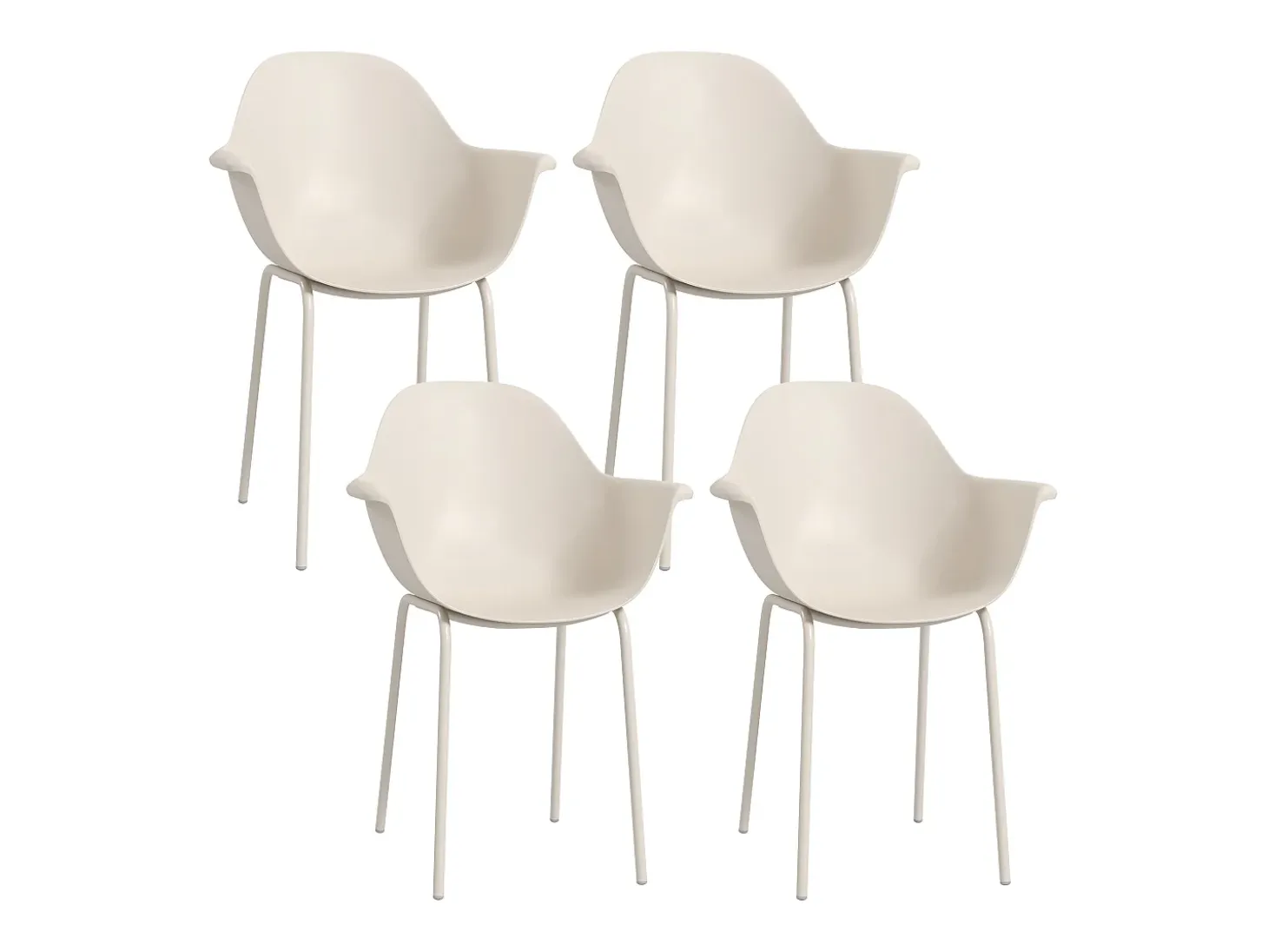 Conjunto de 4 sillas de jardín de plástico con estructura de metal, color beige.