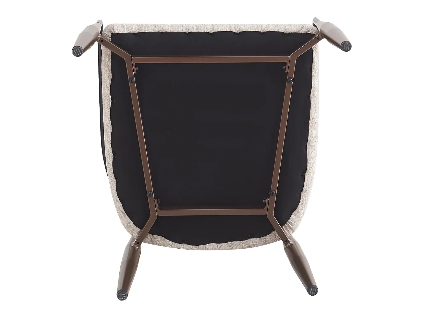 Conjunto de 6 sillas de lino beige con estructura de metal marrón.