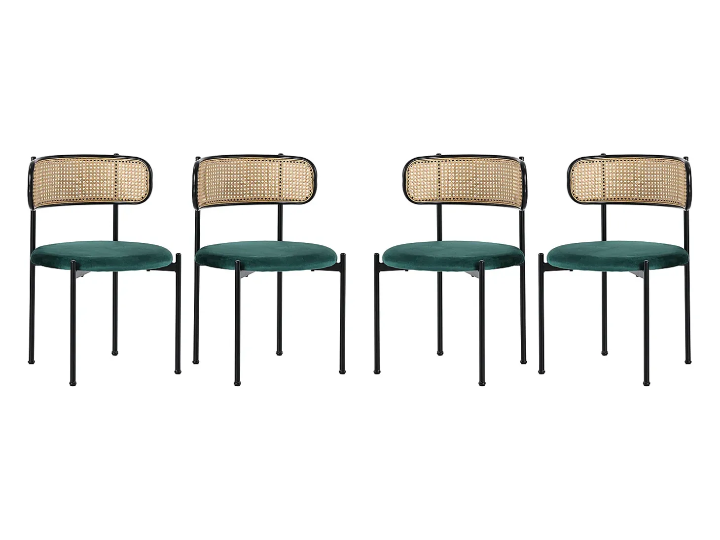Conjunto de 4 sillas de terciopelo con respaldo de ratán y patas de metal negro - verde