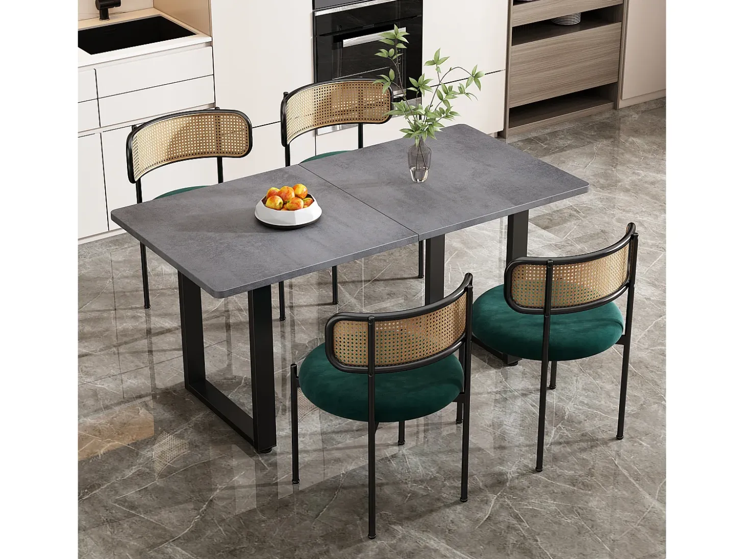 Conjunto de 4 sillas de terciopelo con respaldo de ratán y patas de metal negro - verde