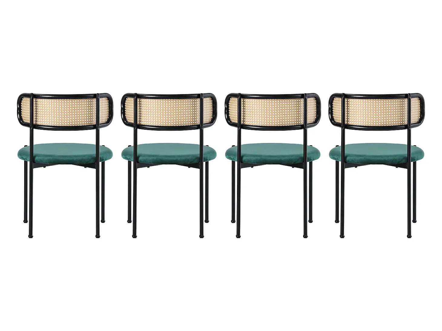 Conjunto de 4 sillas de terciopelo con respaldo de ratán y patas de metal negro - verde