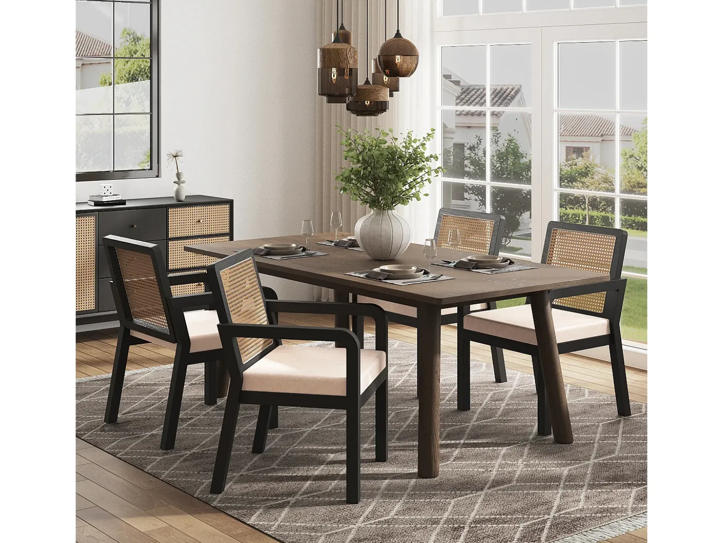 Conjunto de 6 sillas de terciopelo con respaldo de ratán - Negro y natural claro